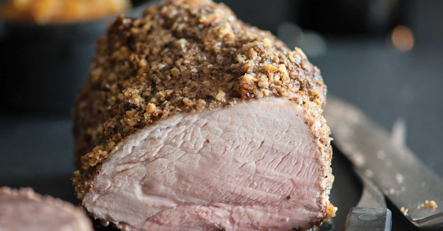 Sage-and-Walnut-Crusted Pork Loin with Hard Cider Apple Chutney Recipe Image