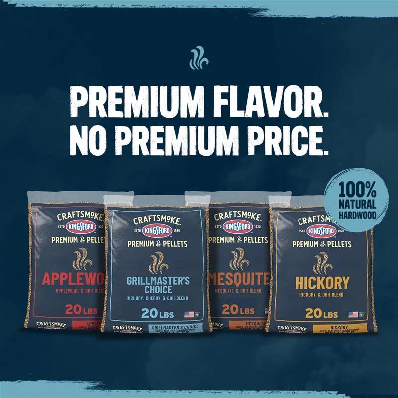 Line-up of 4 bags of Premium Pellets. The words "Premium Flavor. No Premium Price." and a badge that says "100% Natural Hardwood." on a blue background