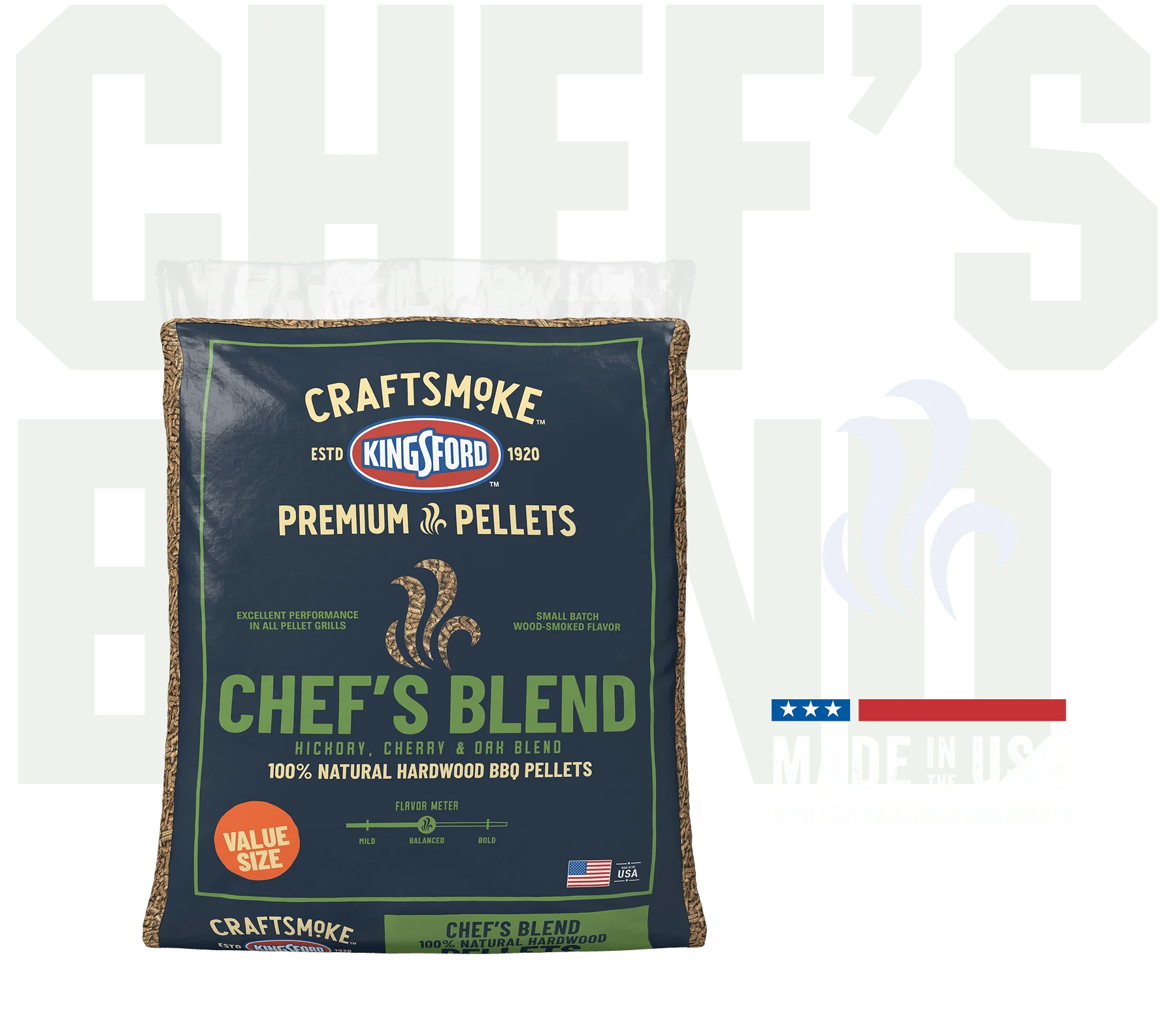 A bag of Chef's Blend Premium Pellets with a Made in the USA badge and the words "Chef's Blend" ghosted in the background
