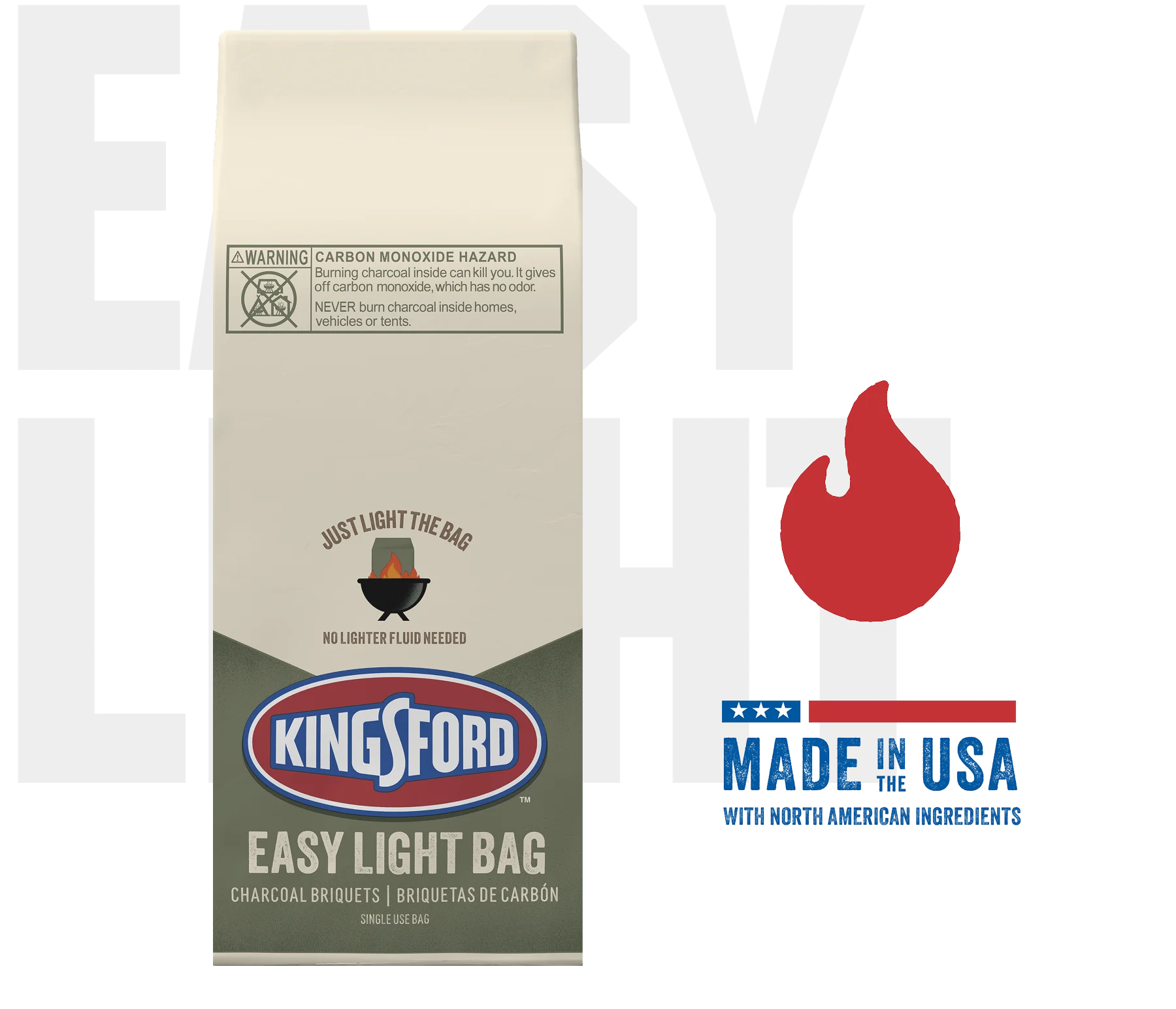 Kingsford® Easy Light Bag with a Made in the USA badge and red flame illustration. The words "Easy Light" ghosted in the background.