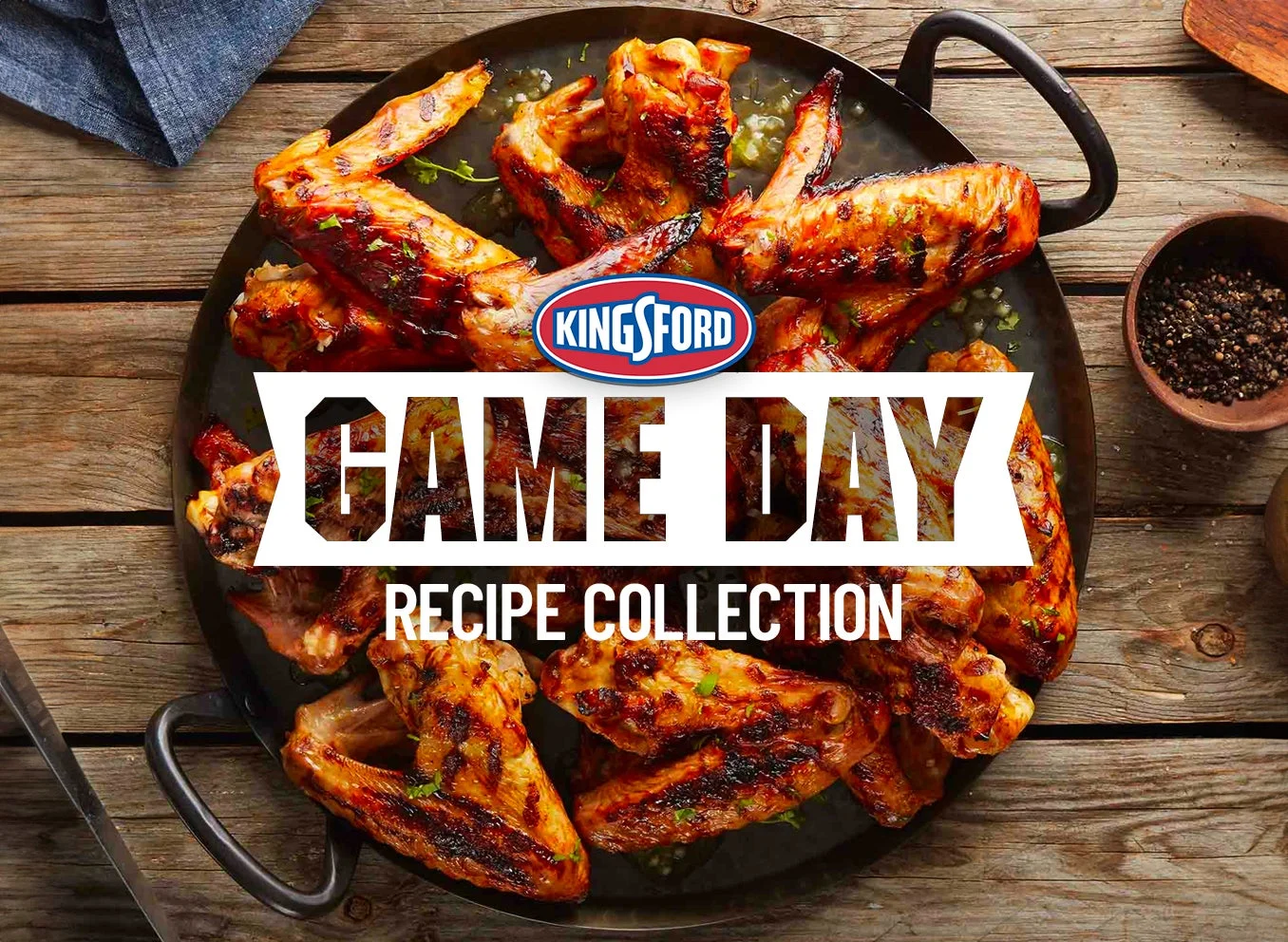 Kingsford™ Game Day Recipe Collection graphic with grilled chicken wings on wooden table.