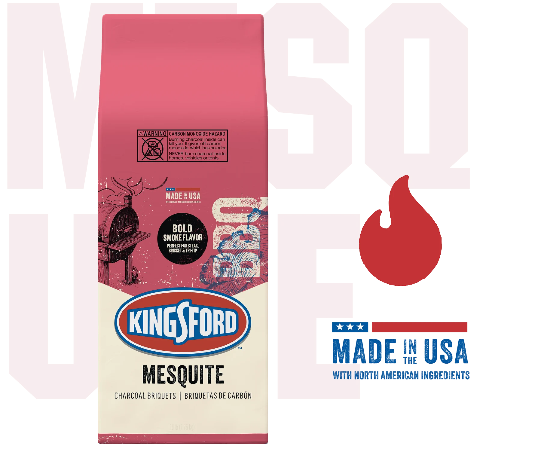A bag Kingsford® Charcoal with Mesquite with a Made in the USA badge. The word "Mesquite" is ghosted in the background.