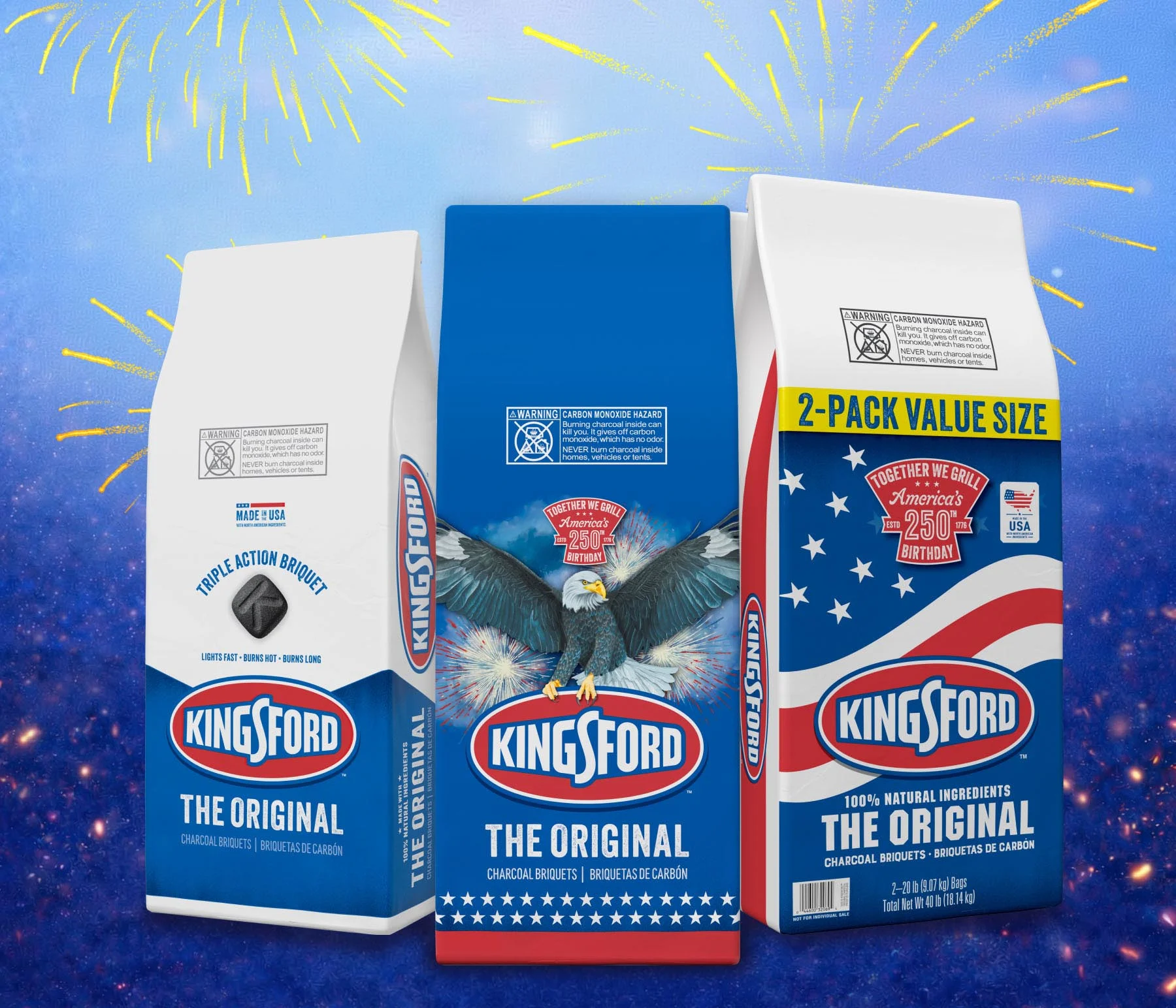 3 bags of charcoal: one original label, one is blue with an eagle, one has an American flag design on the fron
