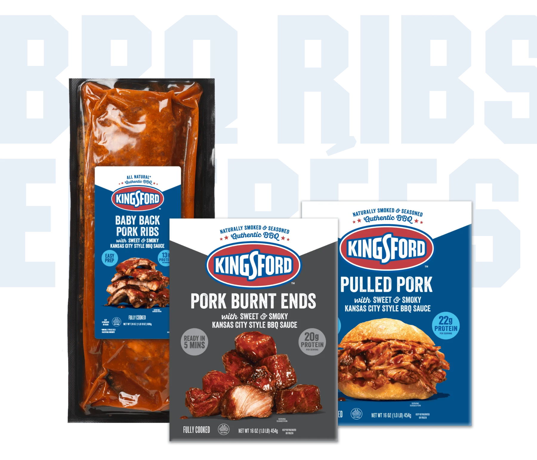 Packages of Kingsford™ BBQ Ribs, Pork Burnt Ends and Pulled Pork with the words BBQ Ribs Entrees