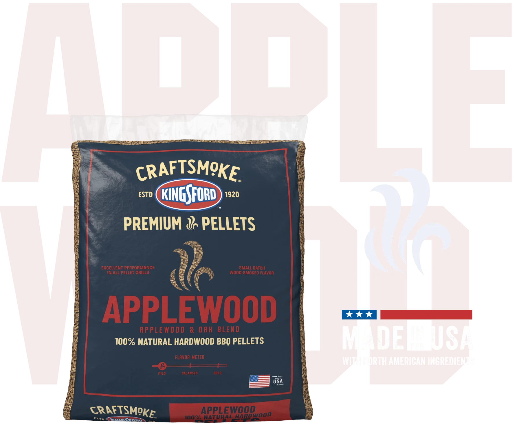A bag of Applewood Premium Pellets with a Made in the USA badge and the word "Applewood" ghosted in red in the background