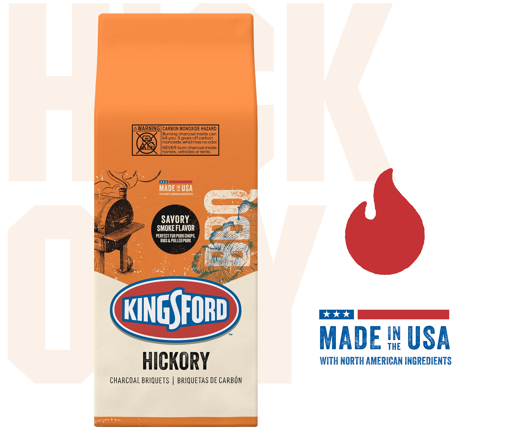 A bag Kingsford® Hickory Charcoal with a Made in the USA badge and the word "Hickory" ghosted in the background.