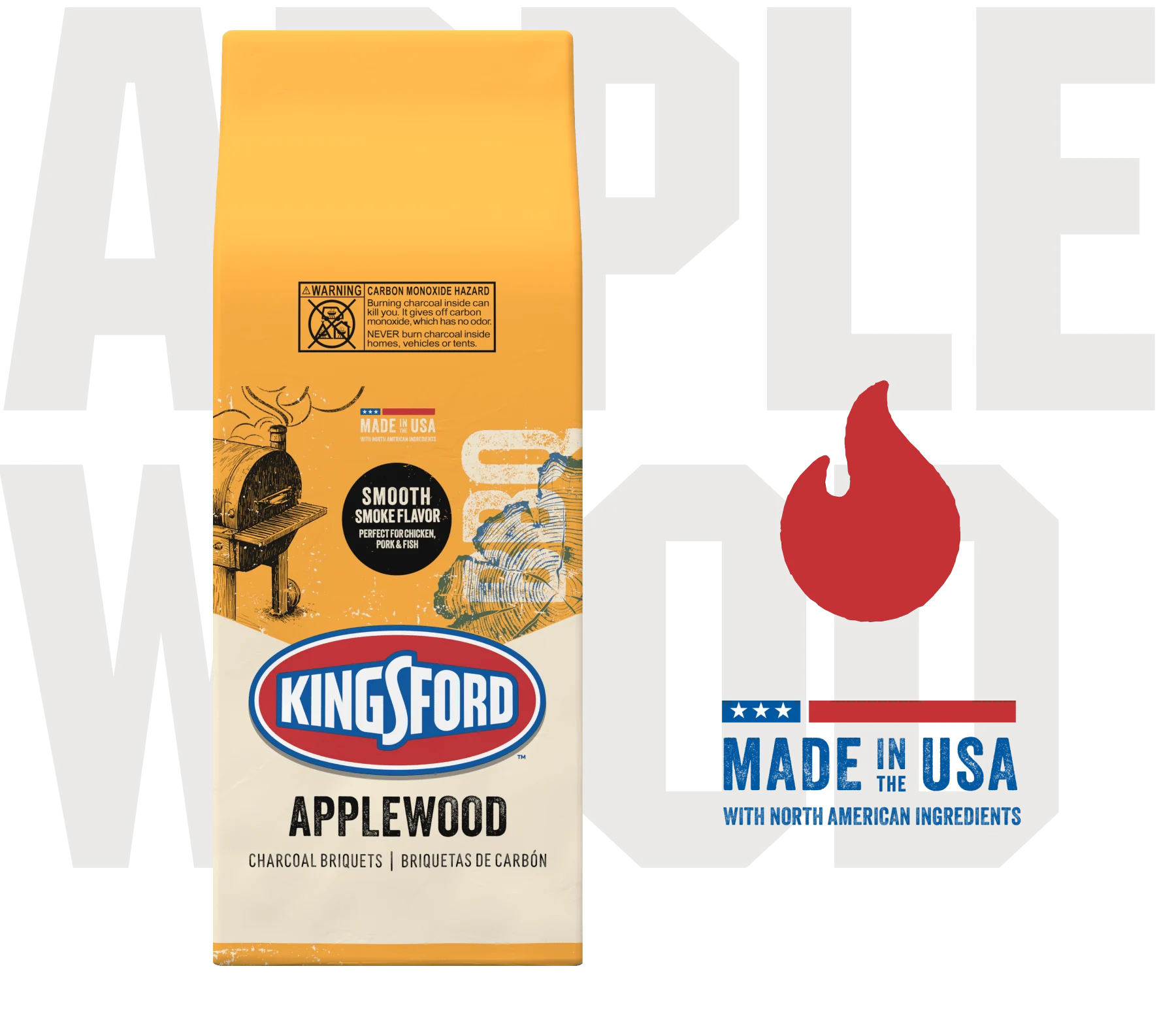 A bag of Kingsford® Applewood Charcoal with a Made in the USA badge and the word "Applewood" ghosted in the background