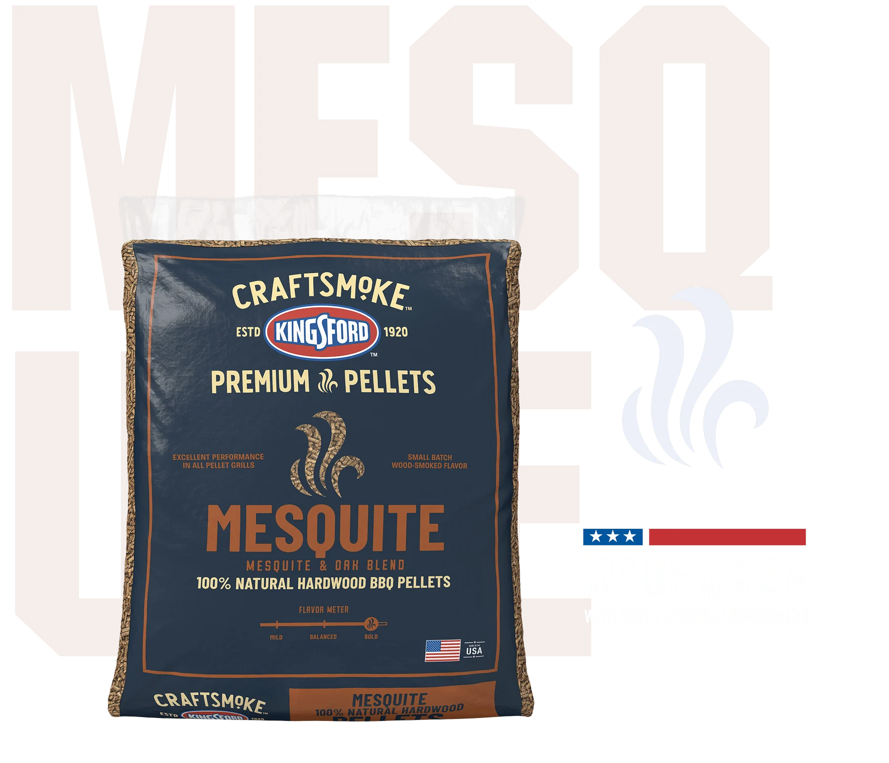 A bag of Mesquite Premium Pellets with a Made in the USA badge and the word "mesquite" ghosted in the background