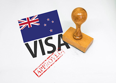 A printed stamp of the word 'approved' next to a stamp, the word 'visa' and a New Zealand flag