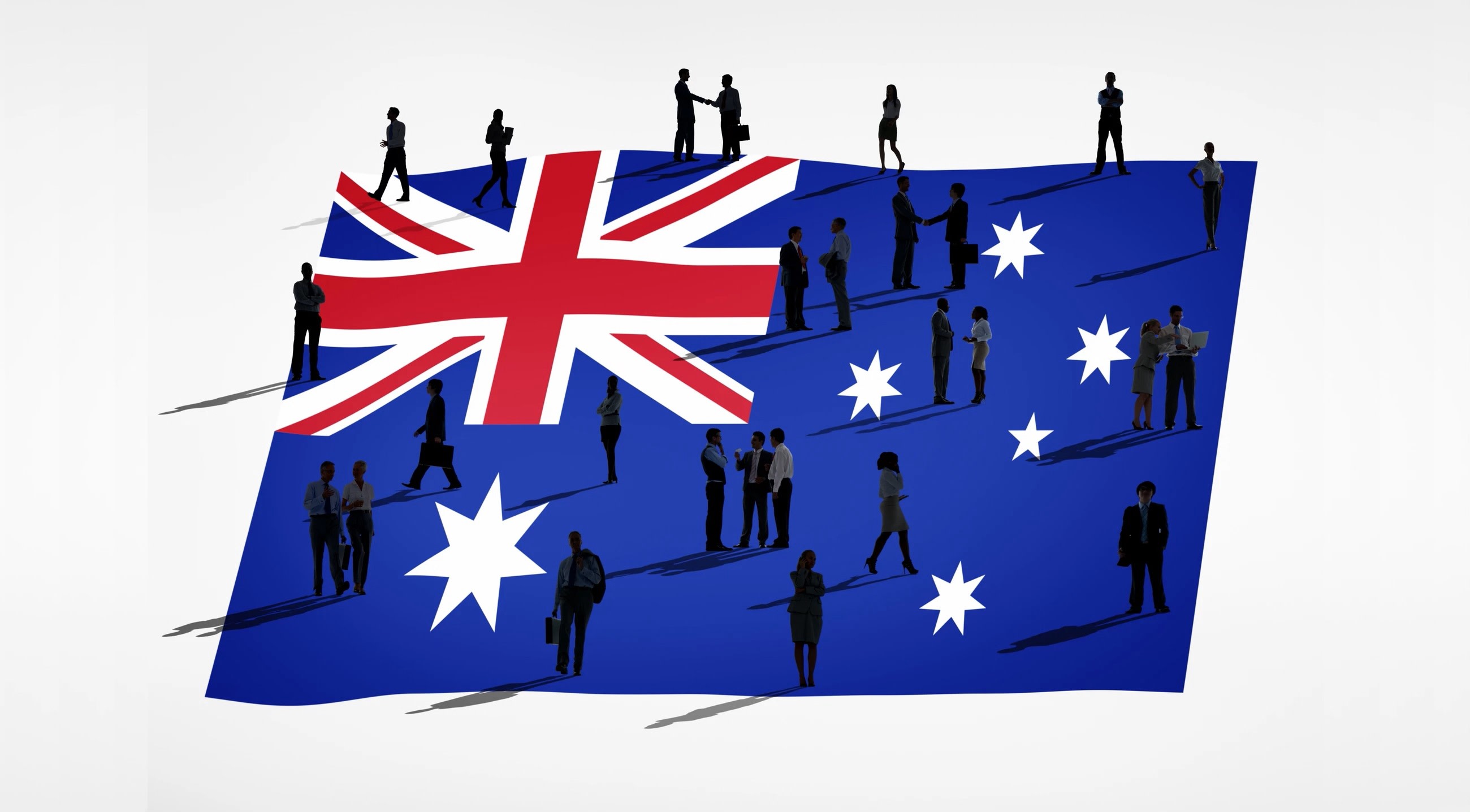 Graphic representing jobs in Australia, with many people walking across the country's flag, talking and doing business in silhouette.
