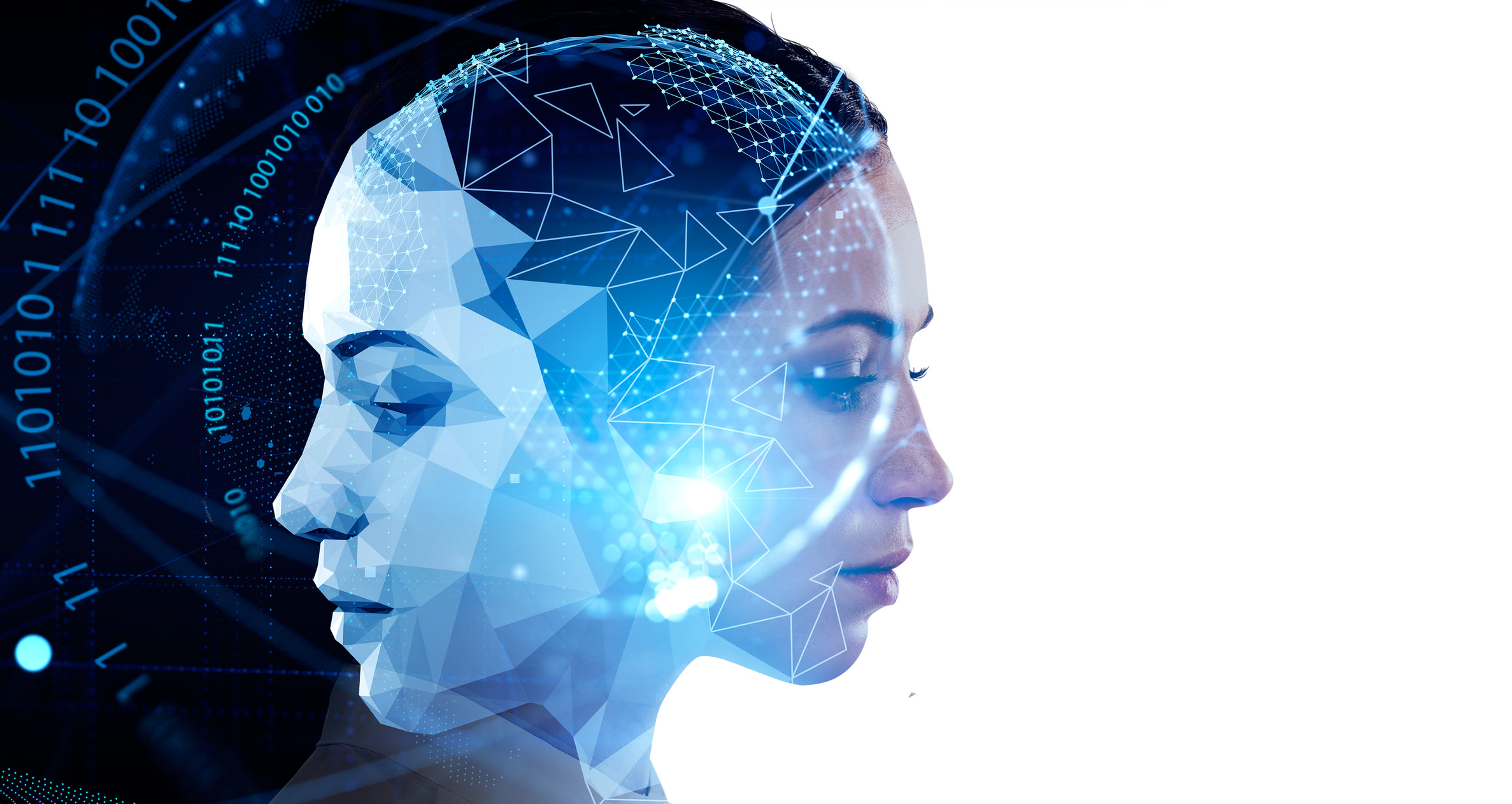 Composite graphic of a young woman looking rightwards, while a blue-toned, digitised version of herself faces directly opposite. Blue lights, lines and binary code emanate from the latter.
