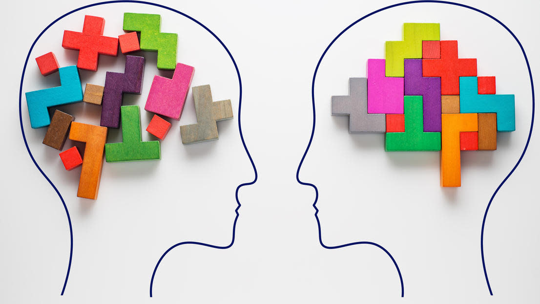 Drawings of two heads with colourful shapes inside showing the abstract brain
