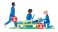 Graphic of three paramedics treating a man wearing an oxygen mask on a stretcher. One of them kneels down as she prepares to administer an injection on him.