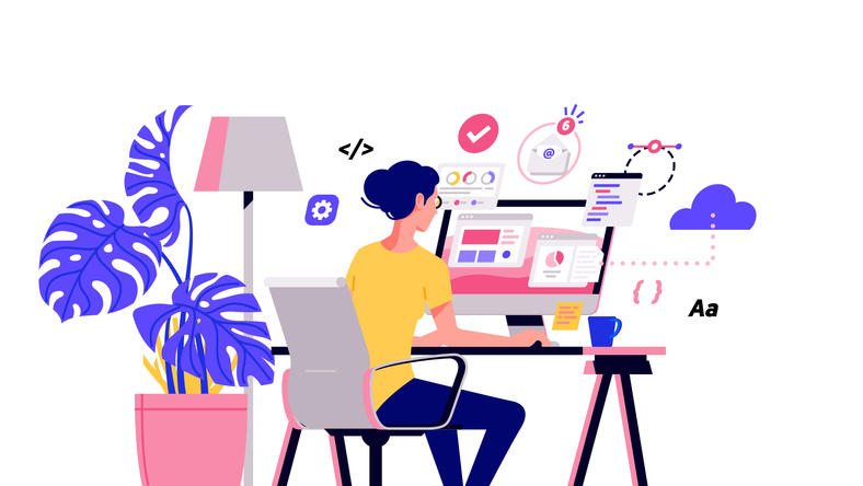Graphic representing software developers, featuring a woman sat at a desktop computer, from which a range of data-related imagery appears
