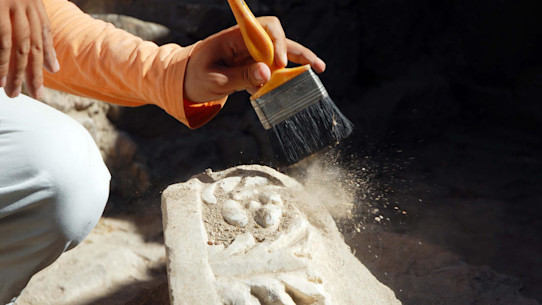 Archaeology graduate student brushing a fossil