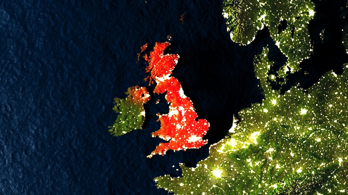 United Kingdom in red from space at night