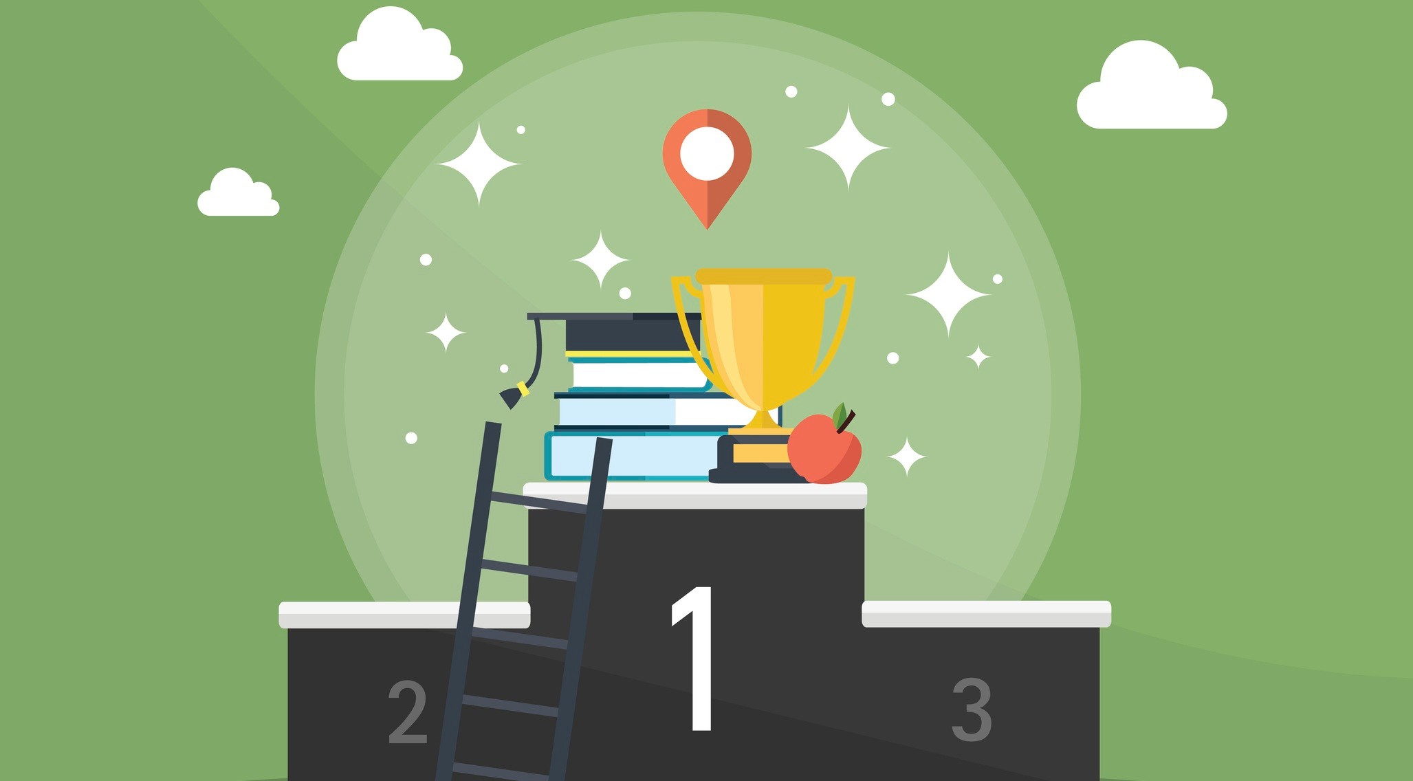 Graphic representing university rankings, with a trophy, books, graduation cap and apple placed atop a podium with three steps marked 1, 2 and 3. A ladder leads to the top step, and a map pin is above