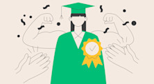 A student athlete in a graduation cap is applauded as they flex their biceps