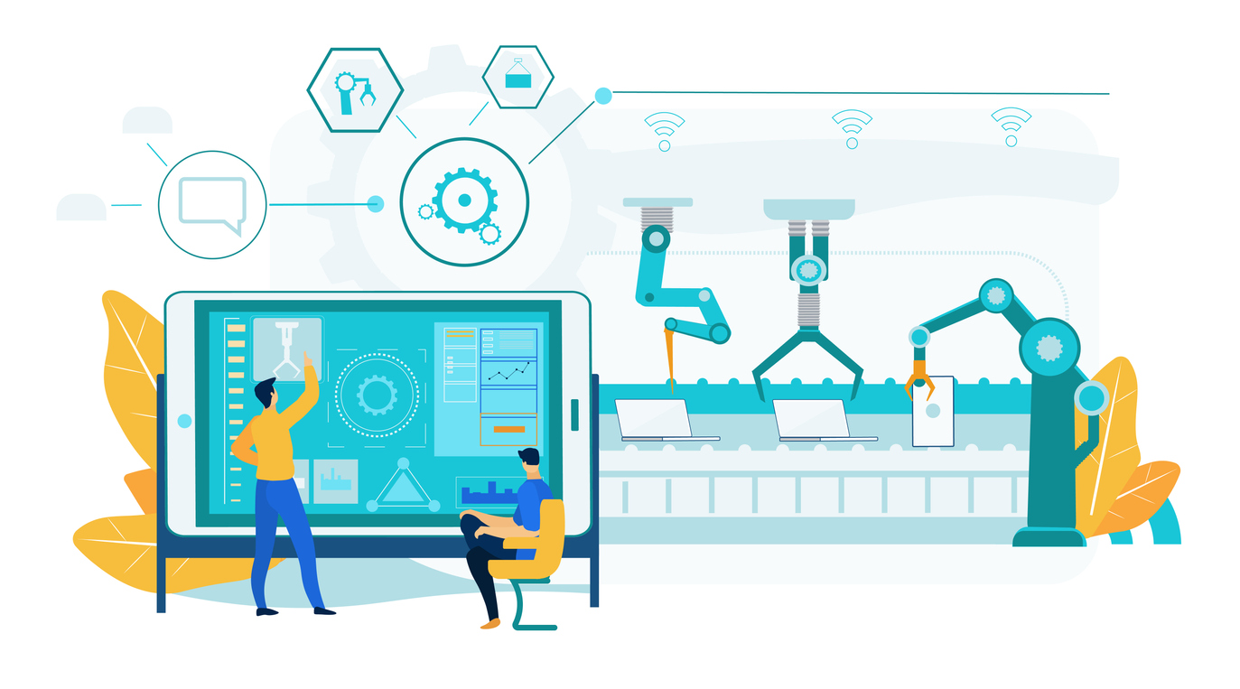 Graphic representing engineering, with two people working beside an oversized touch screen. Next to them is a production line, operated by three mechanical arms.