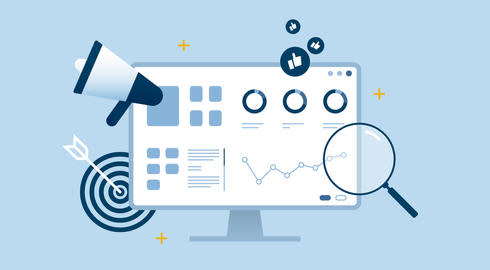 Graphic representing various concepts related to digital marketing, including a monitor displaying charts and graphs; a megaphone; and three 'thumbs up' icons