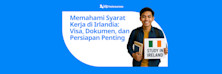 Pelajar Indonesia tersenyum sambil memegang papan bertuliskan 'Study in Ireland', membawa buku dan memakai ransel, berdiri di samping judul artikel tentang syarat kerja di Irlandia.