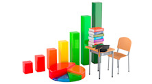 A 3D bar chart stands behind a chair and table on which a graduation cap and several books rest. These bear the names of various study subjects.