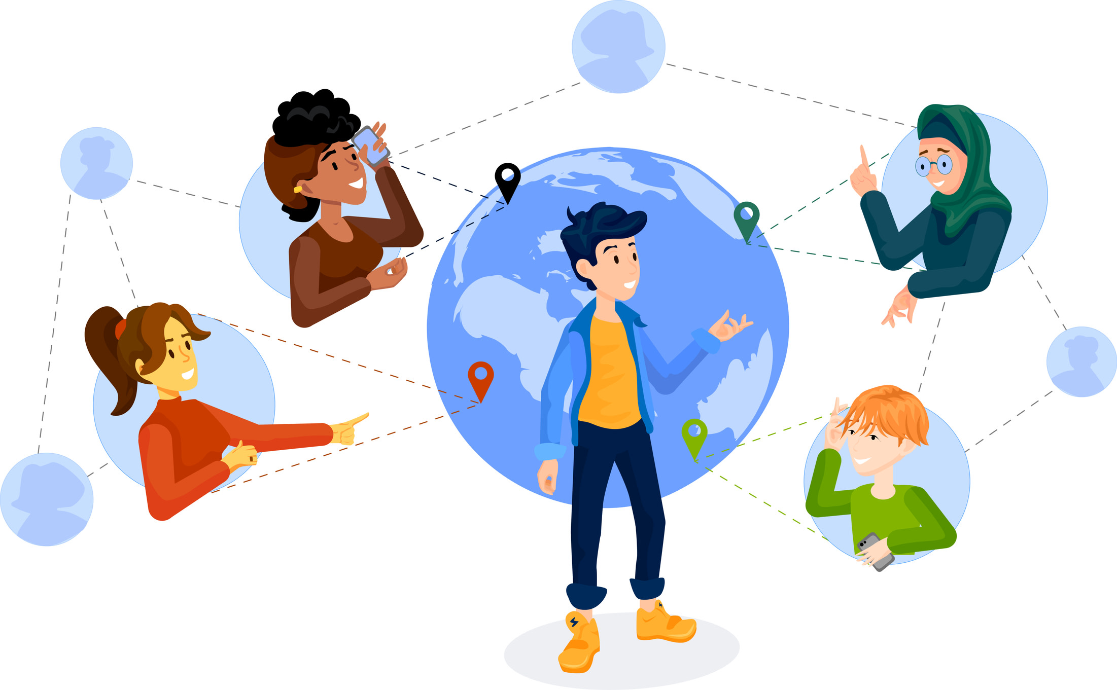 Cartoon of five friends talking to each other. Four are joined by dotted lines to different parts of a central globe, in front of which one of them stands.