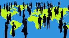 Many silhouetted workers stand all over a map of the world