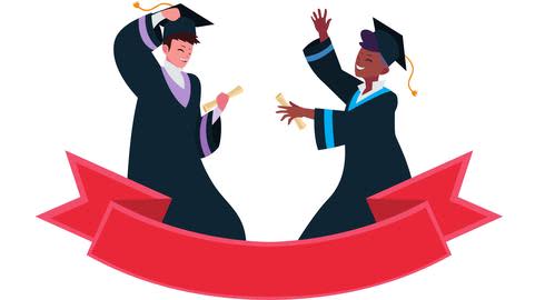 Cartoon of two graduates celebrating in cap and gown, side by side