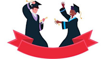 Cartoon of two graduates celebrating in cap and gown, side by side