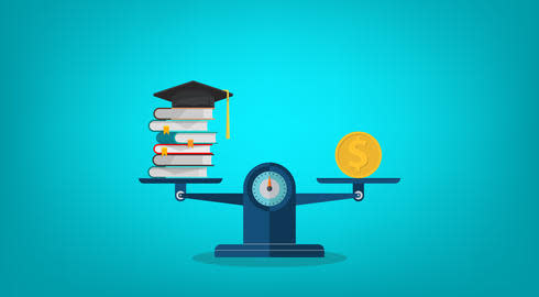 Graphic of weighing scales that show an even balance between books and a graduation cap on one side, and an oversized dollar coin on the other