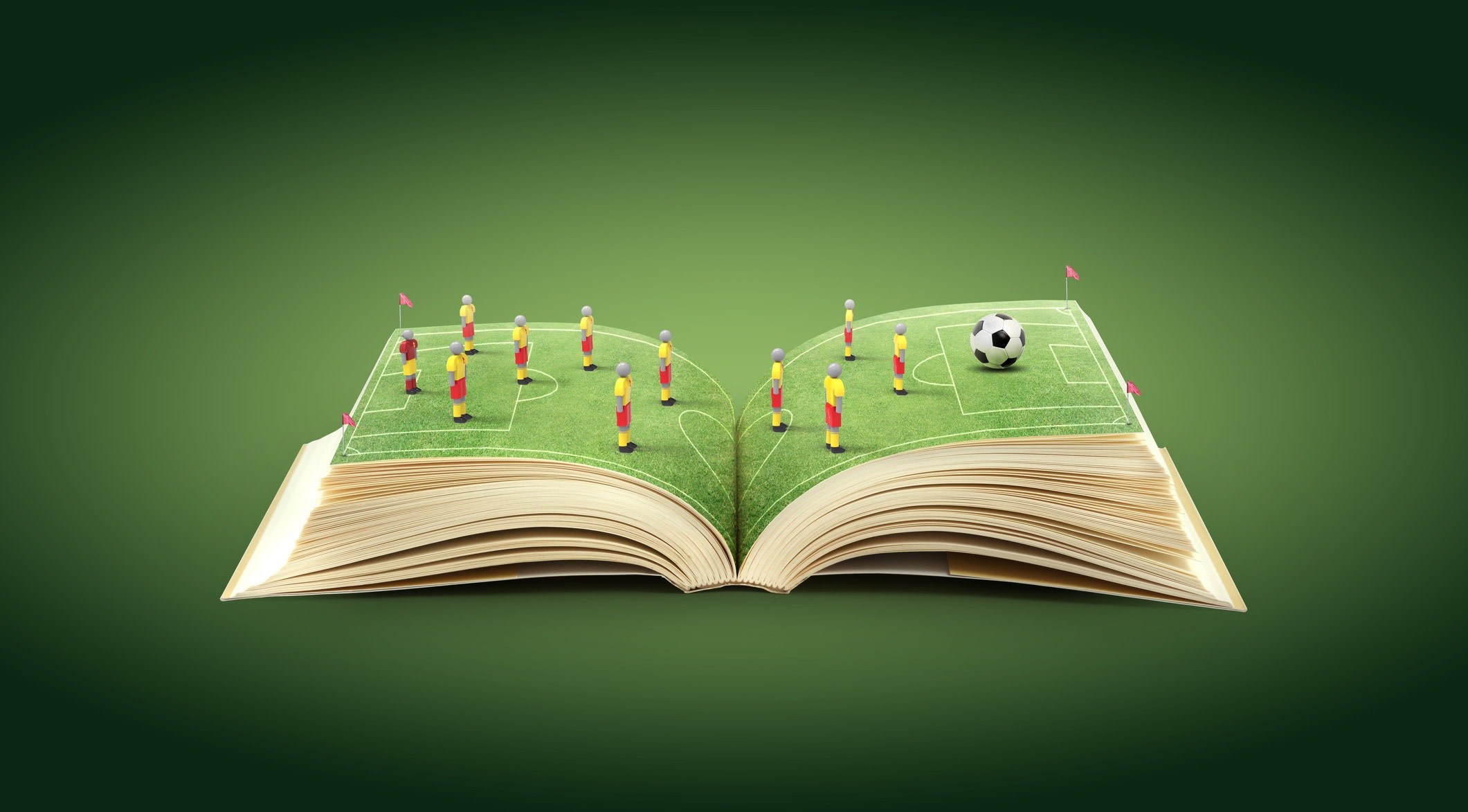 Illustration of a book open on two pages that form a football pitch. Eleven dummy players stand on it, with a football ahead of them.