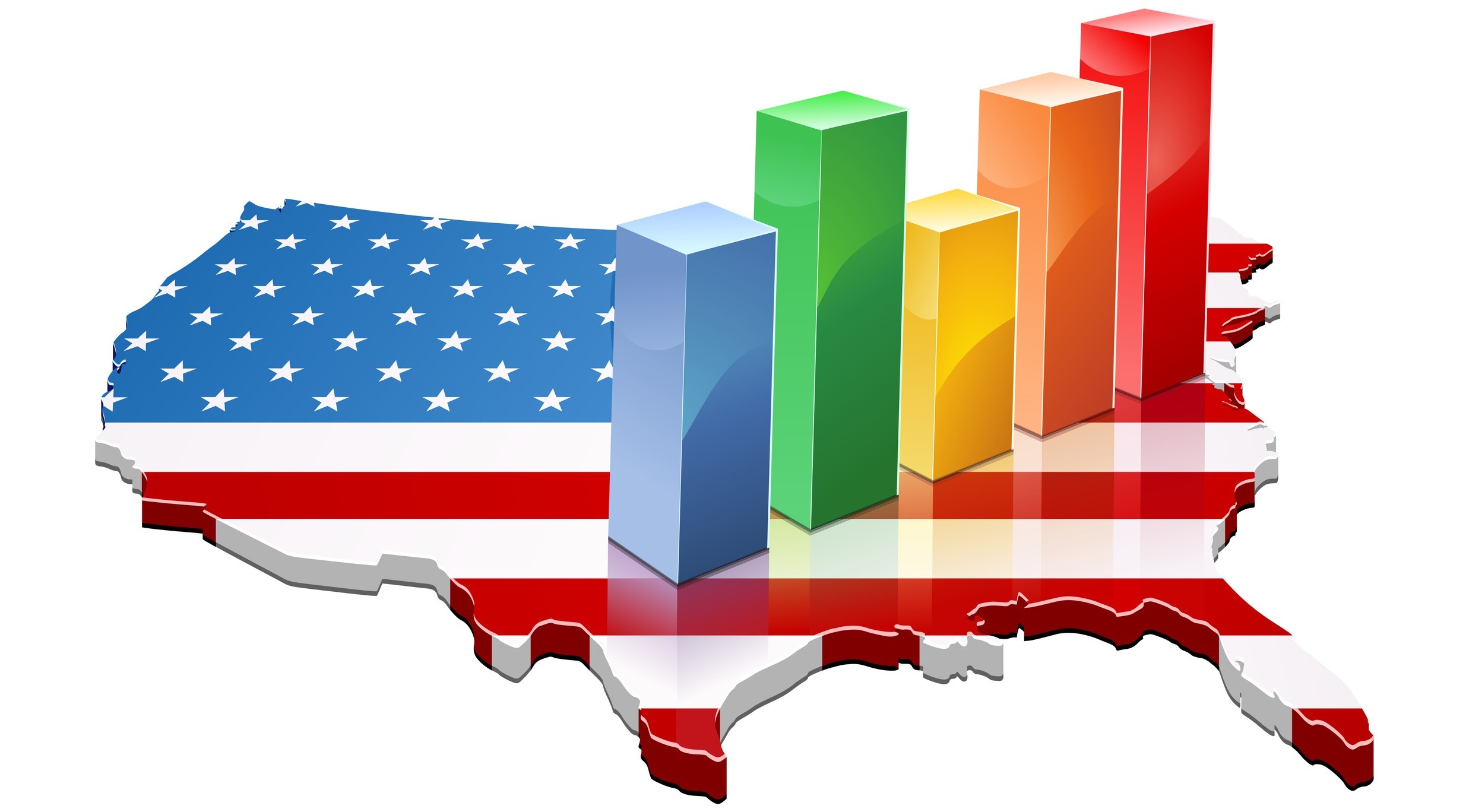 Graphic representing USA rankings, with a bar chart placed on top of a map of the country