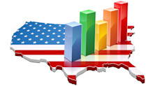 Graphic representing USA rankings, with a bar chart placed on top of a map of the country