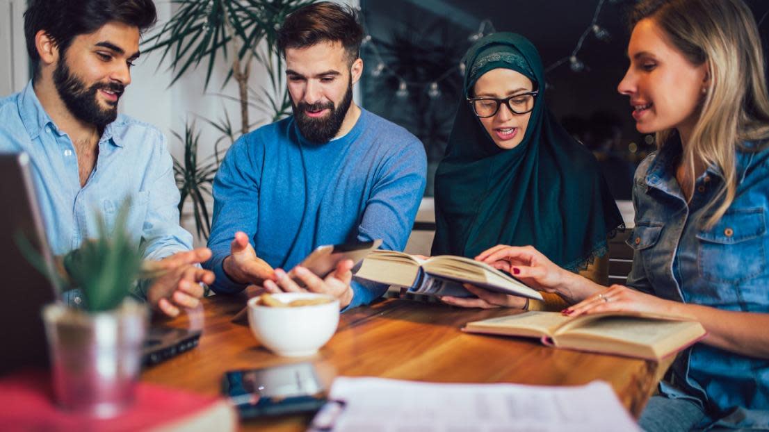 Group of students study at home learning and preparing for university exam