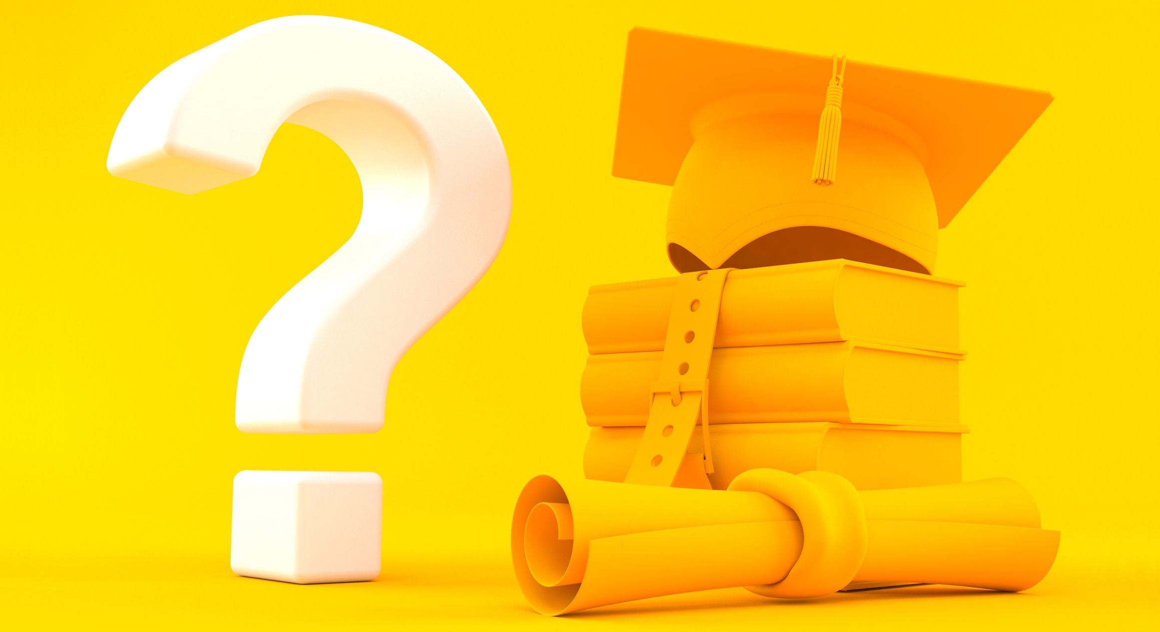 Graphic representing questions to ask universities, with a question mark placed next to a certificate scroll and a pile of books with a graduation cap on top