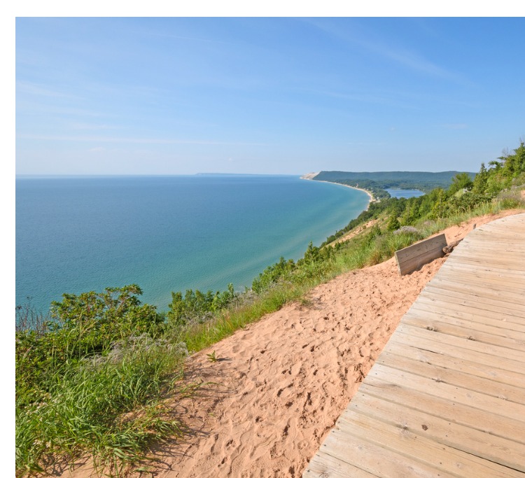 sea to the left of the picture. Sand dunes in the middle with a boardwalk on the right. Green forest in the far distance.