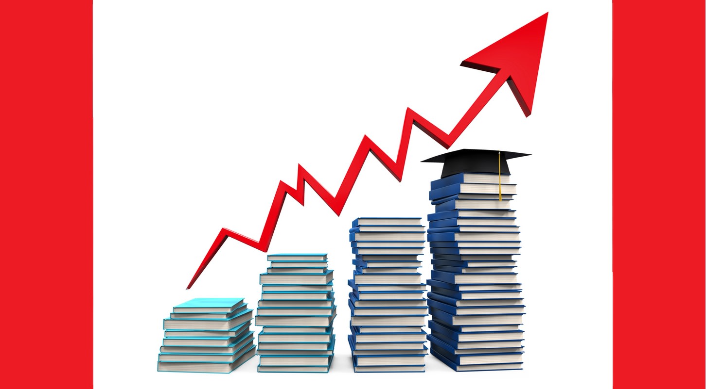 Graphic representing university rankings. A graduation cap rests on the highest of four increasingly tall piles of books, above which is an upwardly trending arrow.