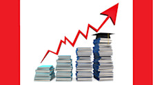 Graphic representing university rankings. A graduation cap rests on the highest of four increasingly tall piles of books, above which is an upwardly trending arrow.