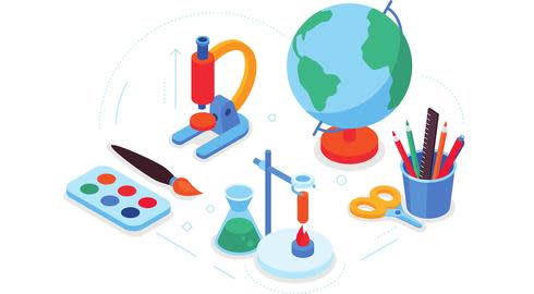 Graphic that represents studying multiple subjects. A globe, microscope and paint palette are three of the objects symbolising different areas of education