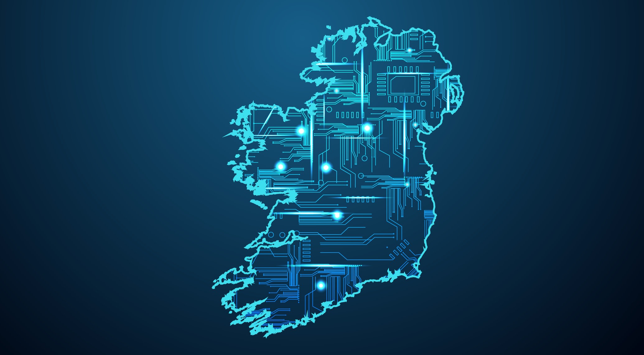 A map of Ireland represented as a blue circuit board