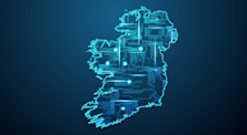 A map of Ireland represented as a blue circuit board
