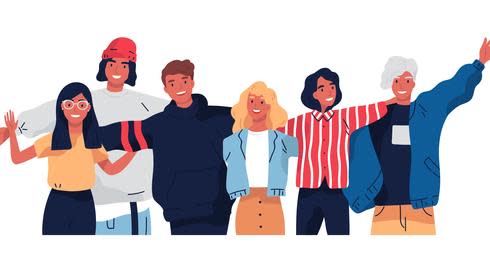 Graphic of a row of six people smiling with their arms over each other's shoulders