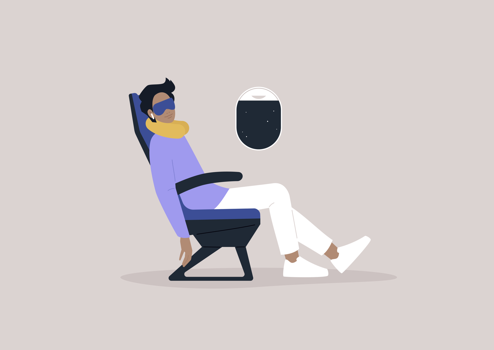 Graphic of young man relaxing on an airline flight. He reclines in his seat while wearing a sleep mask, neck pillow and earplugs. The night sky can be seen through the window beside him.