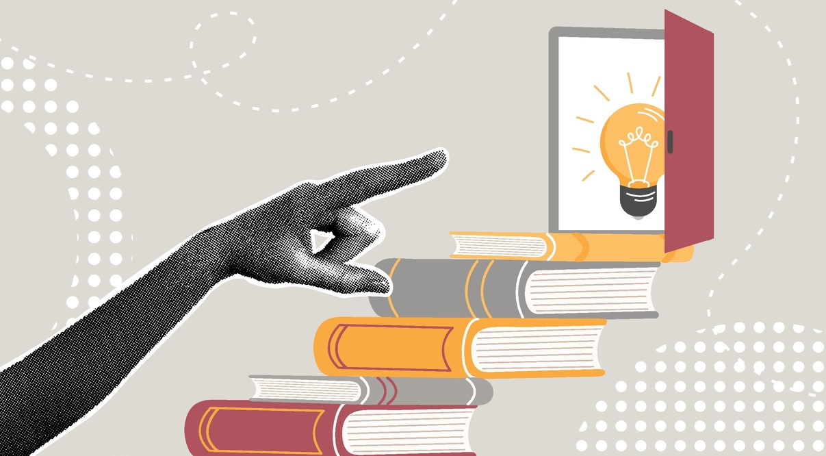 Graphic of a silhouetted hand pointing towards a lightbulb which is behind an open door at the top of a staircase made of books