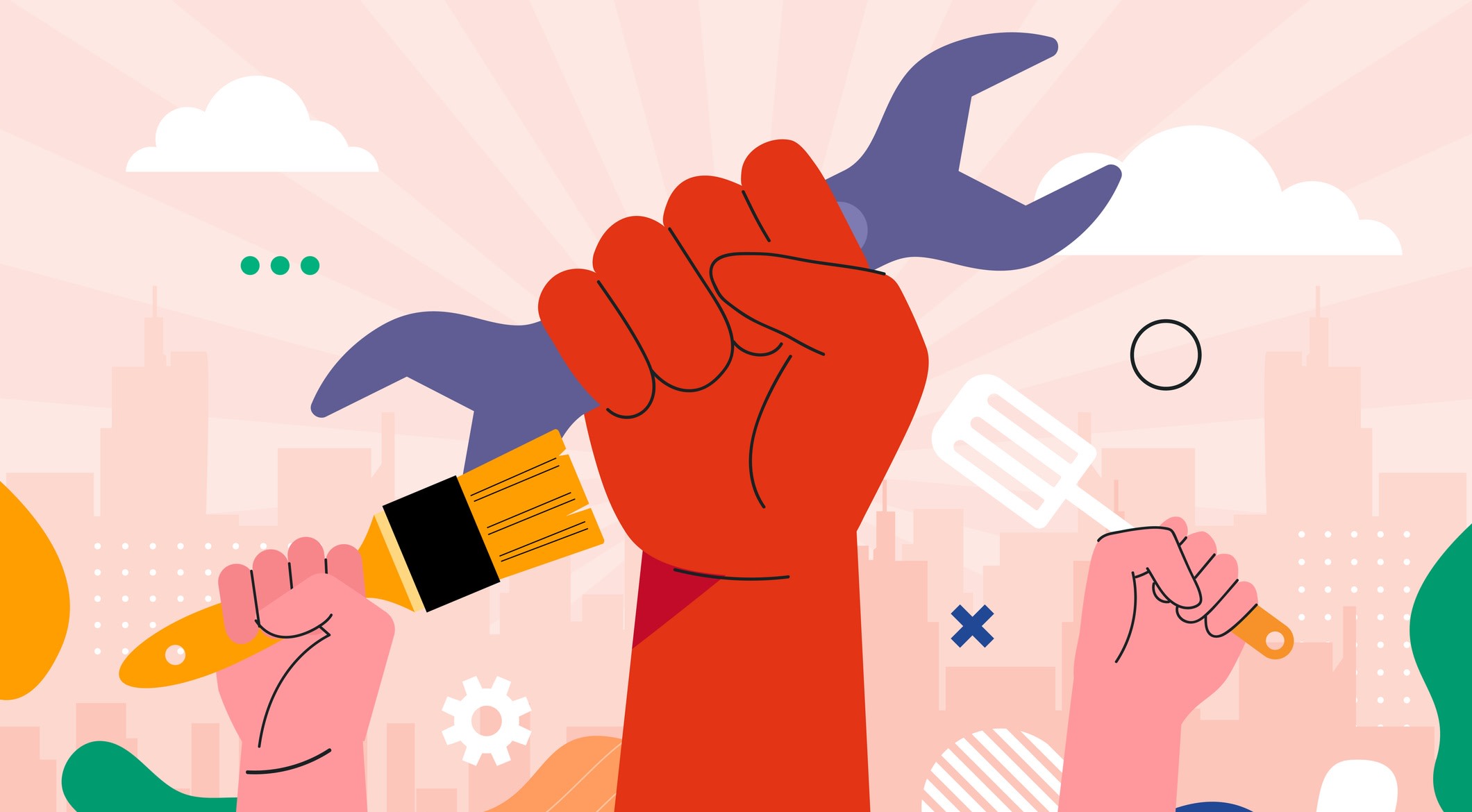 Graphic representing work rights and solidarity, with three raised fists clenching a spatula, spanner and paintbrush.