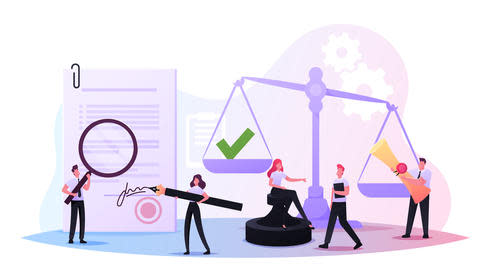 Cartoon of five people in a row holding various oversized study implements. Behind are a large certificate and some scales of justice with a green tick on one side.