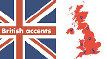 On the left, a UK flag with the words 'British accents' written through the middle. On the right, a map of the UK with various pins placed to identify notable locations.