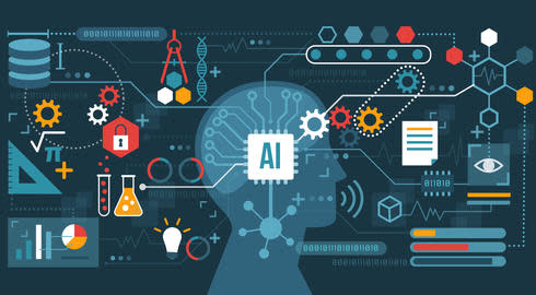 Graphic visualising various engineering and general STEM concepts. Cogs, mathematical symbols and the DNA structure all emanate from the brain of a head seen in profile