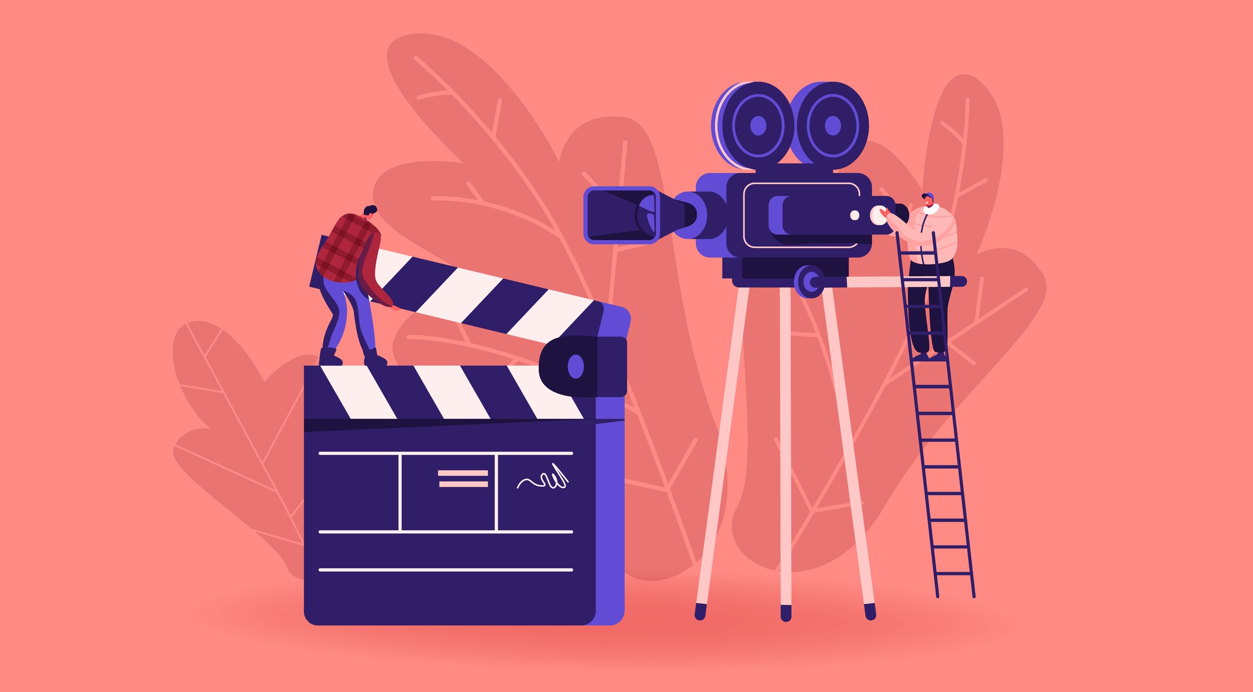 Illustration in which one man lifts the top of an oversized clapperboard while standing on it, and another man operates an oversized camera while stood at the top of a ladder.